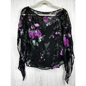Silkland Silk Floral Poncho Top L Sheer Boho Whimsigoth Cape Blouse Batwing